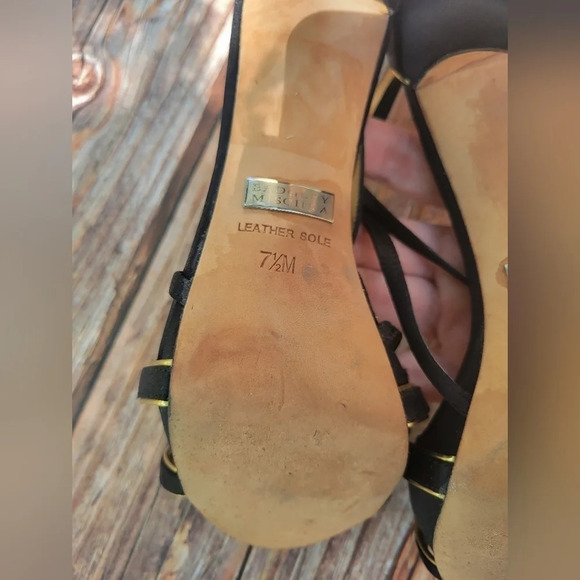 Badgley Mischka Shoes Black Gold Satin Sandal Womens Strappy High Heels Size 7.5 - Picture 7 of 11